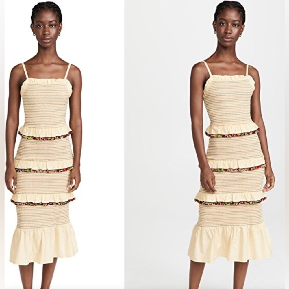 Never Fully Dressed Cream Tiered Midi Dress with Multicolor Trim